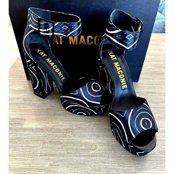 Kat Maconie Angel/Black Printed Satin Chunky High Heel Shoes like new size US 9 - Picture 3 of 16